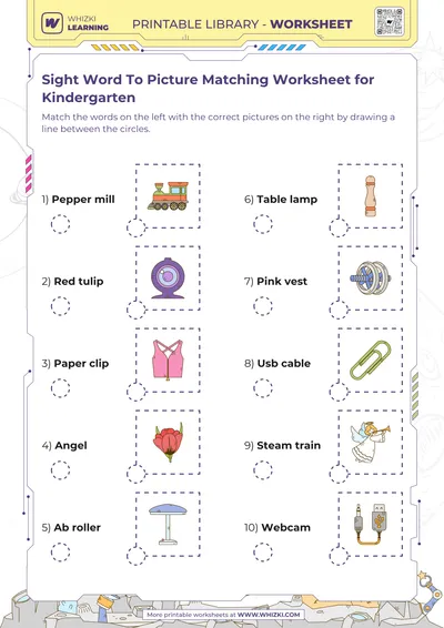 Sight Word To Picture Matching Worksheet for Kindergarten