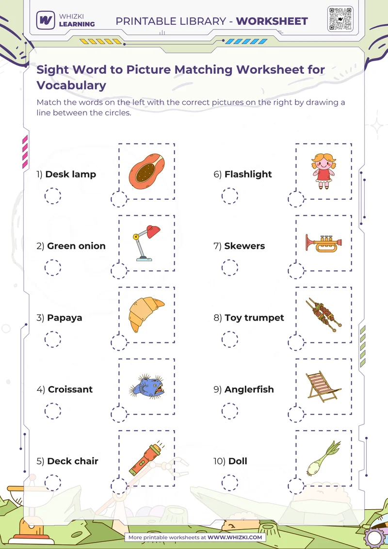 Sight Word to Picture Matching Worksheet for Vocabulary