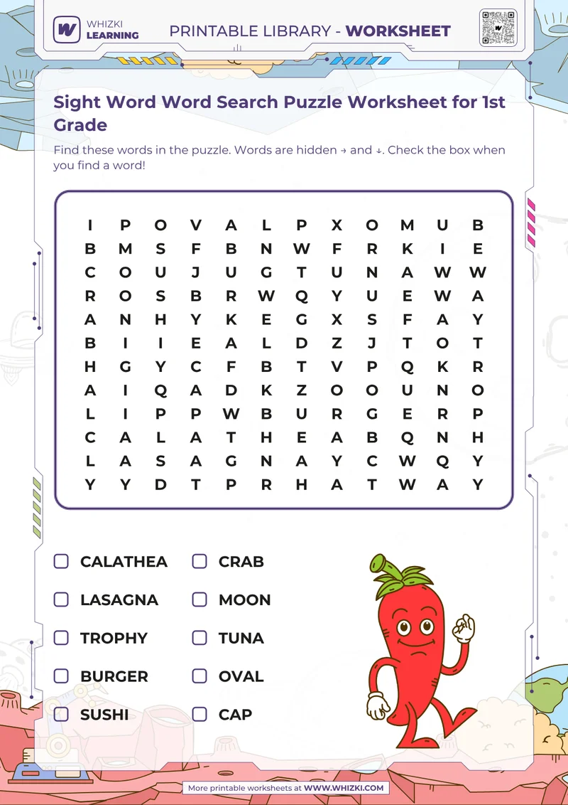 Sight Word Word Search Puzzle Worksheet for 1st Grade