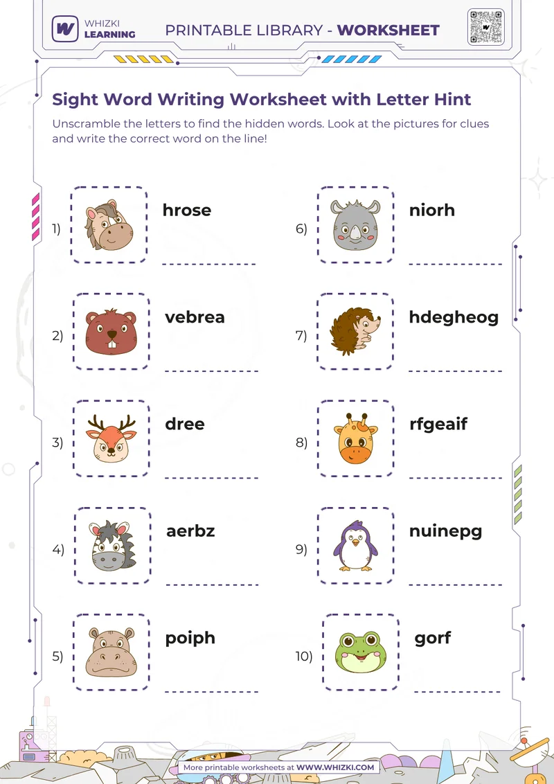 Sight Word Writing Worksheet with Letter Hint