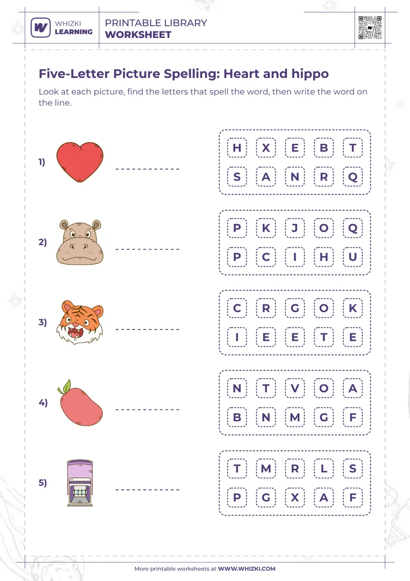 Five-Letter Picture Spelling: Heart and hippo