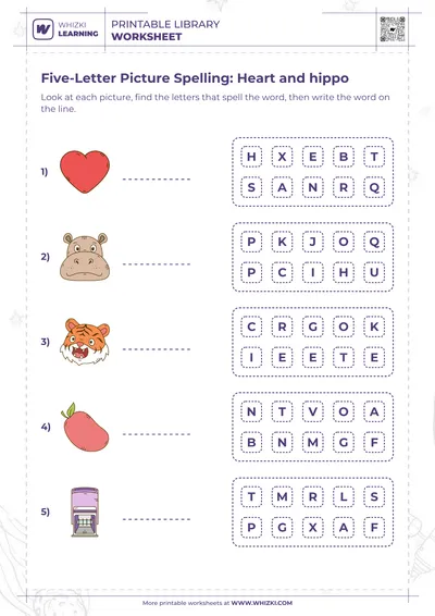 Five-Letter Picture Spelling: Heart and hippo