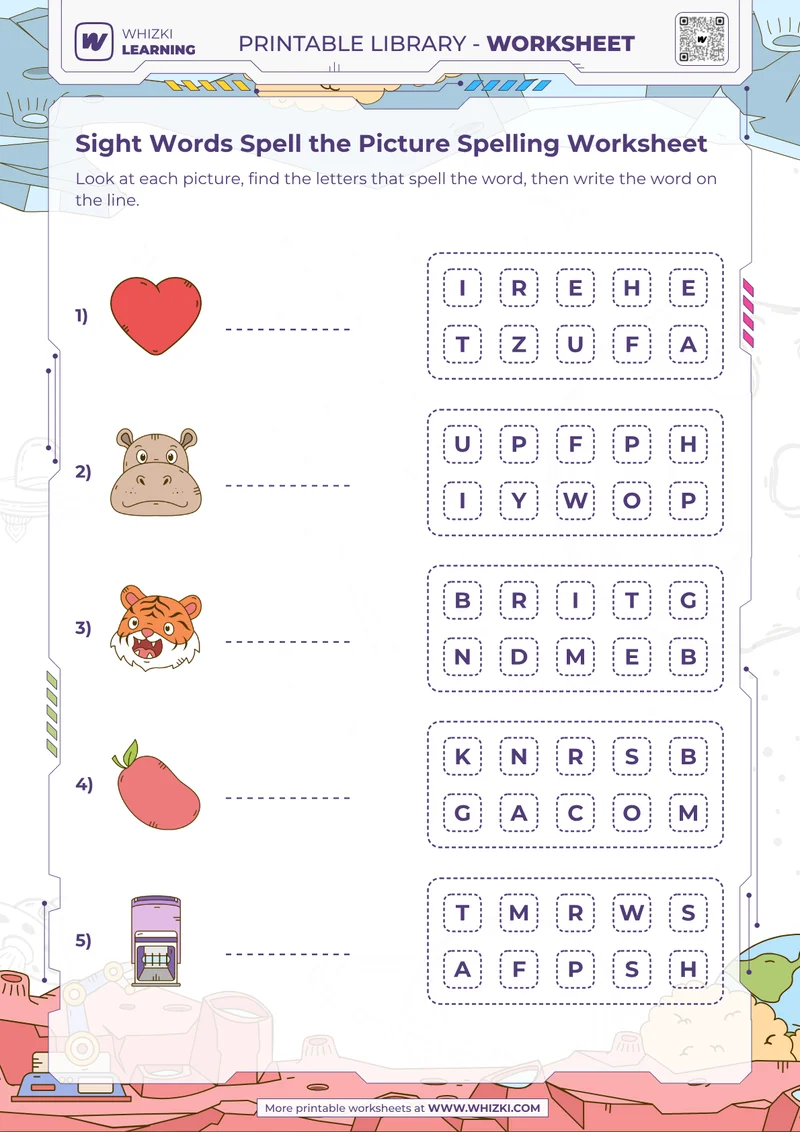 Sight Words Spell the Picture Spelling Worksheet