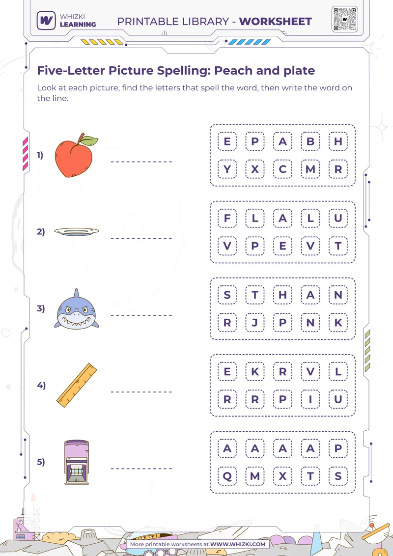 Five-Letter Picture Spelling: Peach and plate