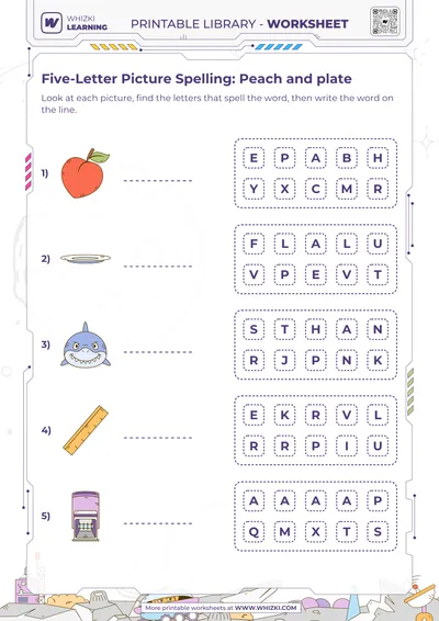 Five-Letter Picture Spelling: Peach and plate