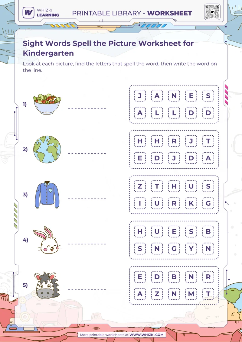 Sight Words Spell the Picture Worksheet for Kindergarten