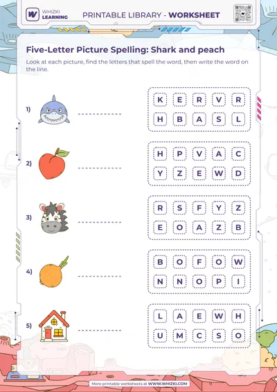 Five-Letter Picture Spelling: Shark and peach