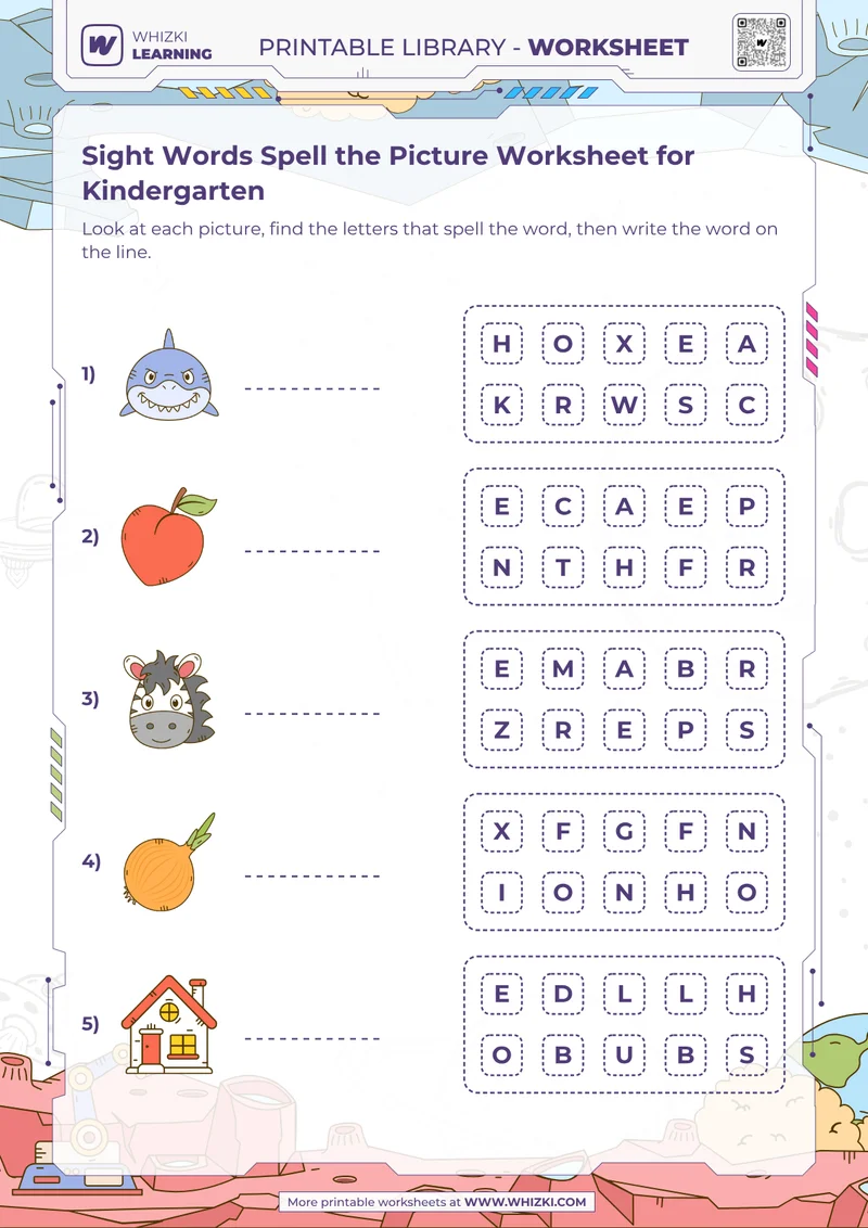 Sight Words Spell the Picture Worksheet for Kindergarten