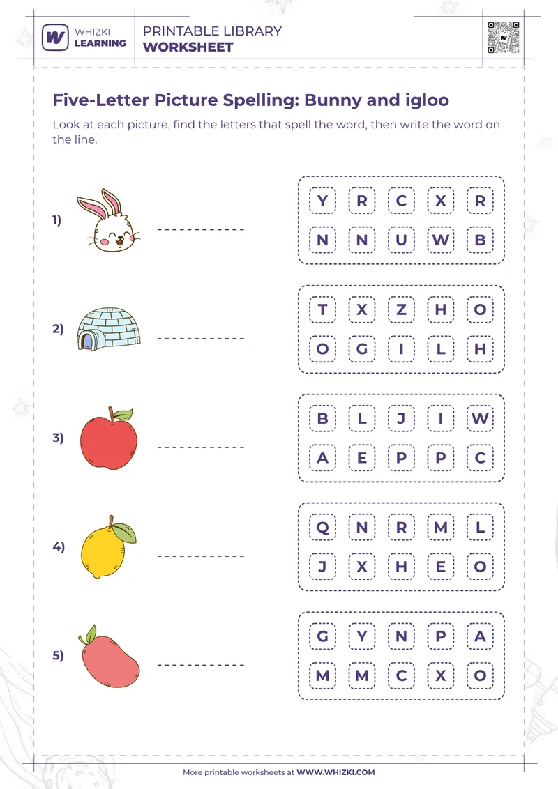 Five-Letter Picture Spelling: Bunny and igloo