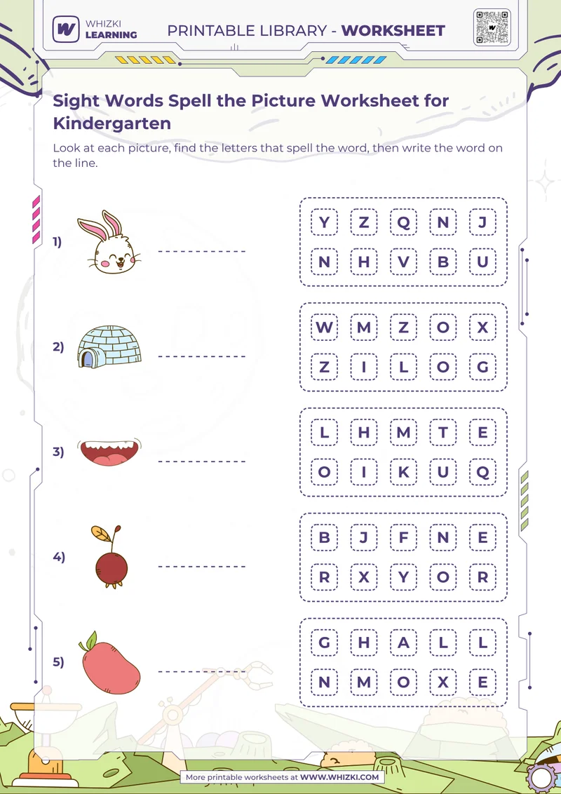Sight Words Spell the Picture Worksheet for Kindergarten