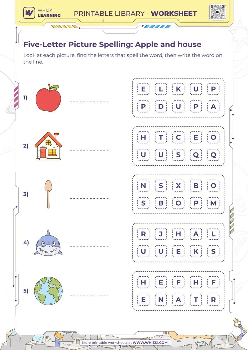 Five-Letter Picture Spelling: Apple and house