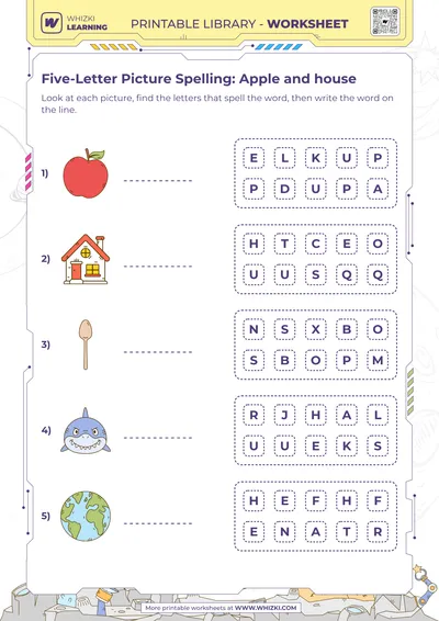 Five-Letter Picture Spelling: Apple and house