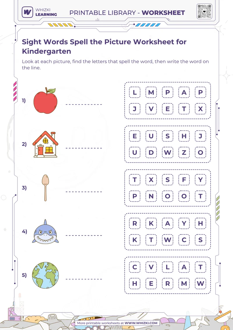 Sight Words Spell the Picture Worksheet for Kindergarten