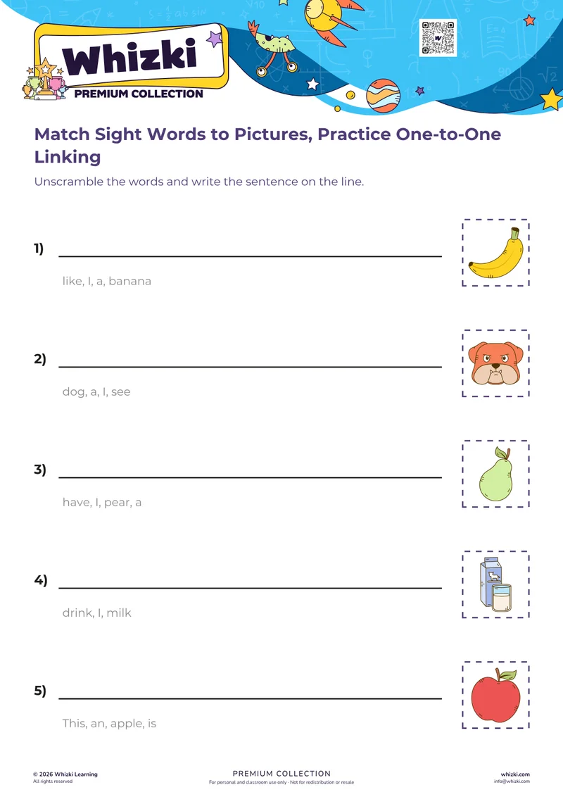 Match Sight Words to Pictures, Practice One-to-One Linking
