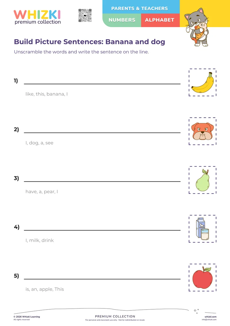 Build Picture Sentences: Banana and dog