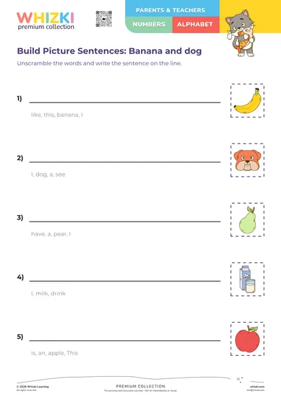 Build Picture Sentences: Banana and dog