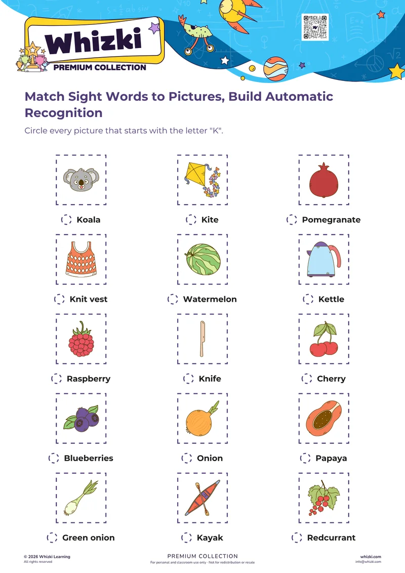 Match Sight Words to Pictures, Build Automatic Recognition