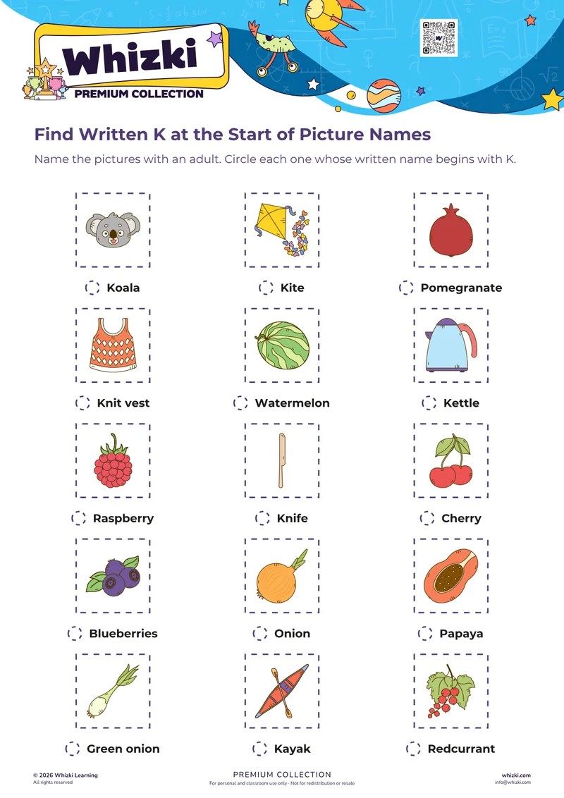 Find Written K at the Start of Picture Names