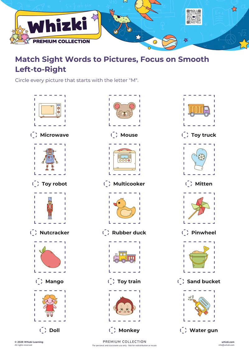 Match Sight Words to Pictures, Focus on Smooth Left-to-Right