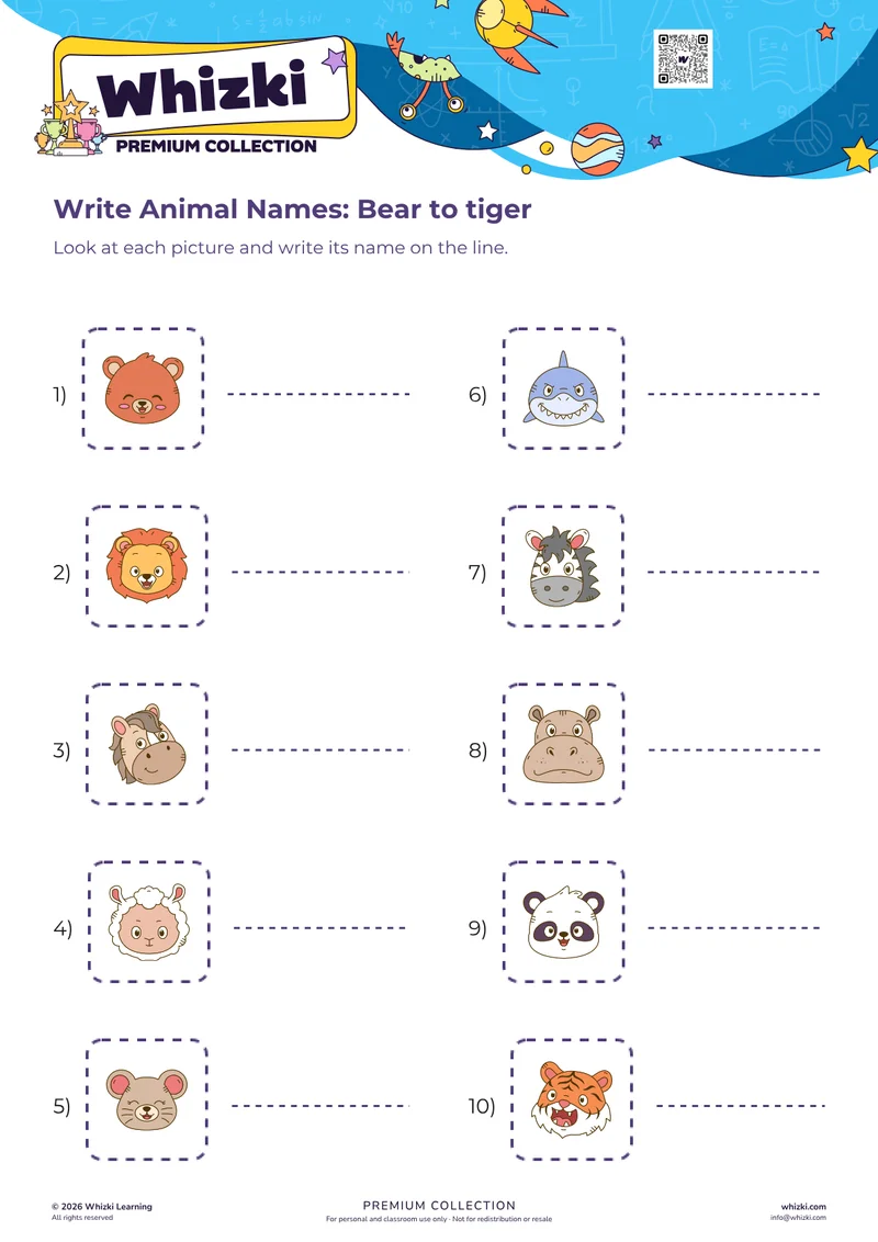Write Animal Names: Bear to tiger