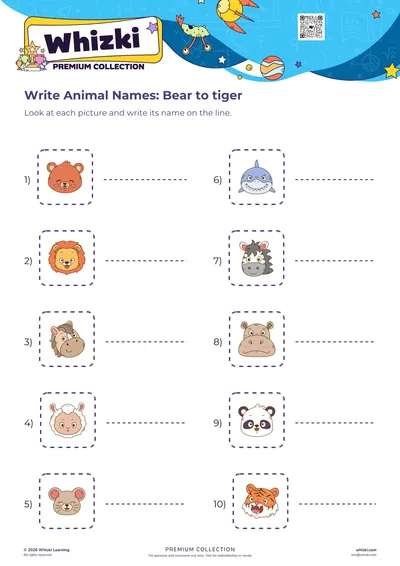 Write Animal Names: Bear to tiger