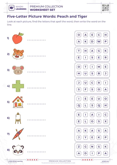Five-Letter Picture Words: Peach and Tiger