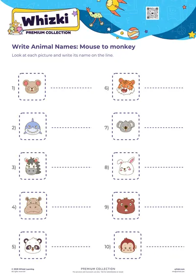 Write Animal Names: Mouse to monkey