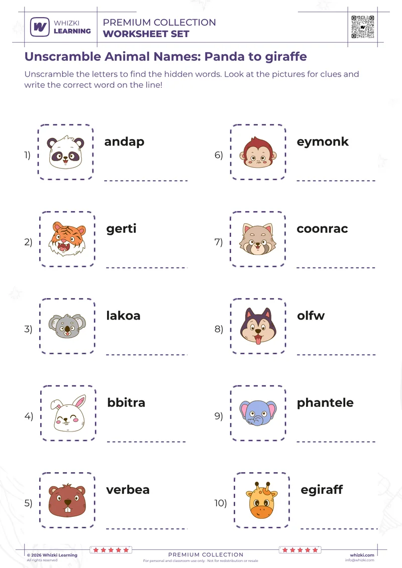 Unscramble Animal Names: Panda to giraffe