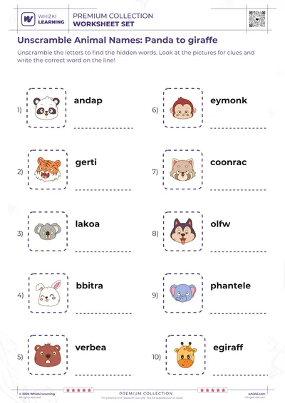 Unscramble Animal Names: Panda to giraffe