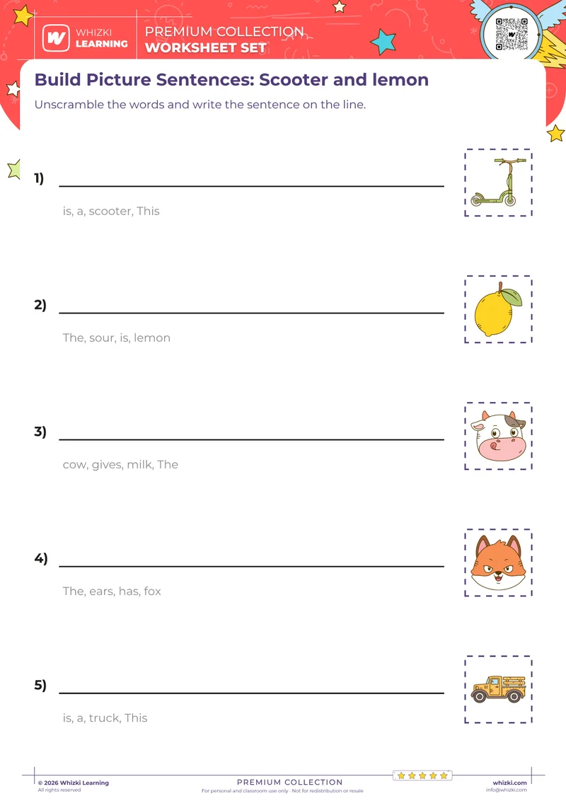 Build Picture Sentences: Scooter and lemon