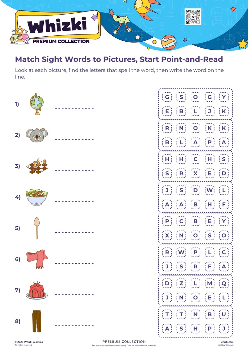 Match Sight Words to Pictures, Start Point-and-Read