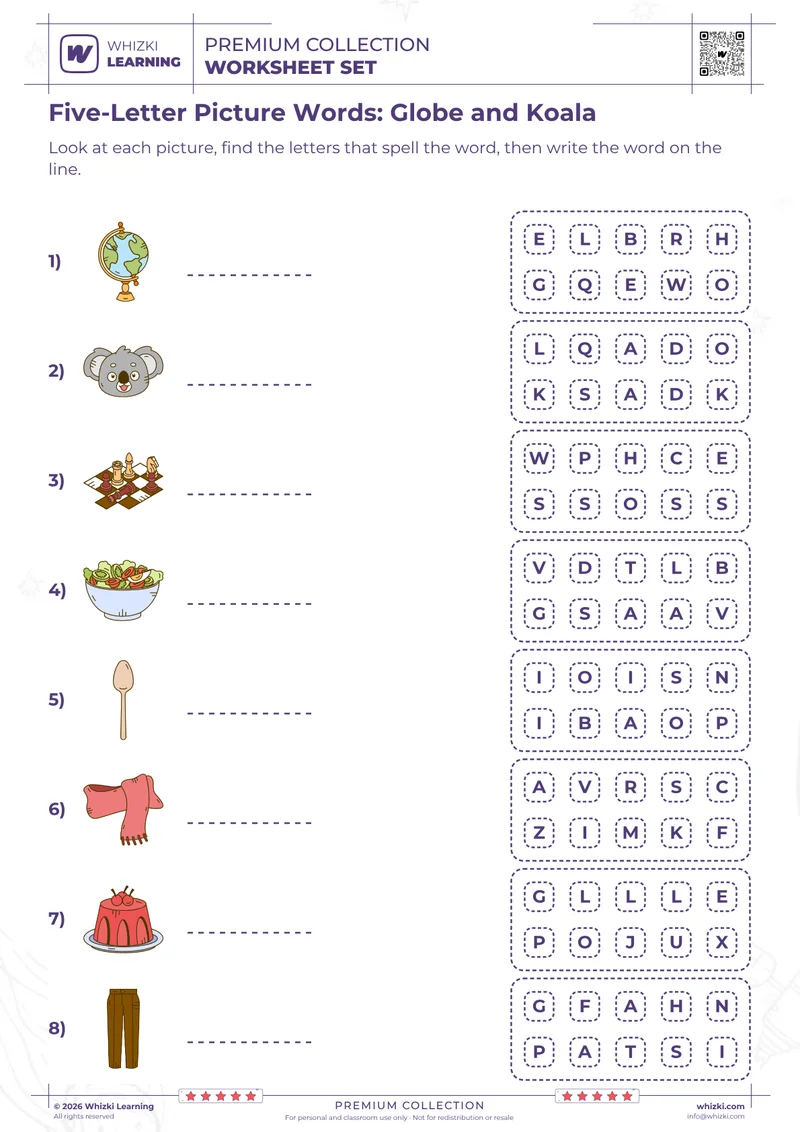 Five-Letter Picture Words: Globe and Koala