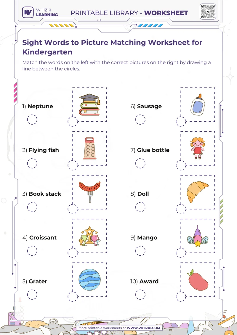 Sight Words to Picture Matching Worksheet for Kindergarten