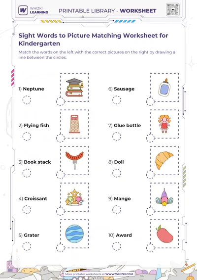 Sight Words to Picture Matching Worksheet for Kindergarten