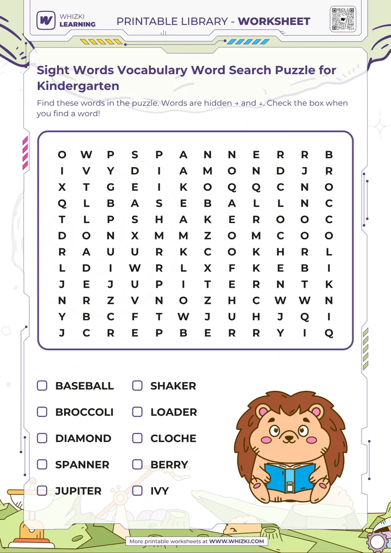 Sight Words Vocabulary Word Search Puzzle for Kindergarten