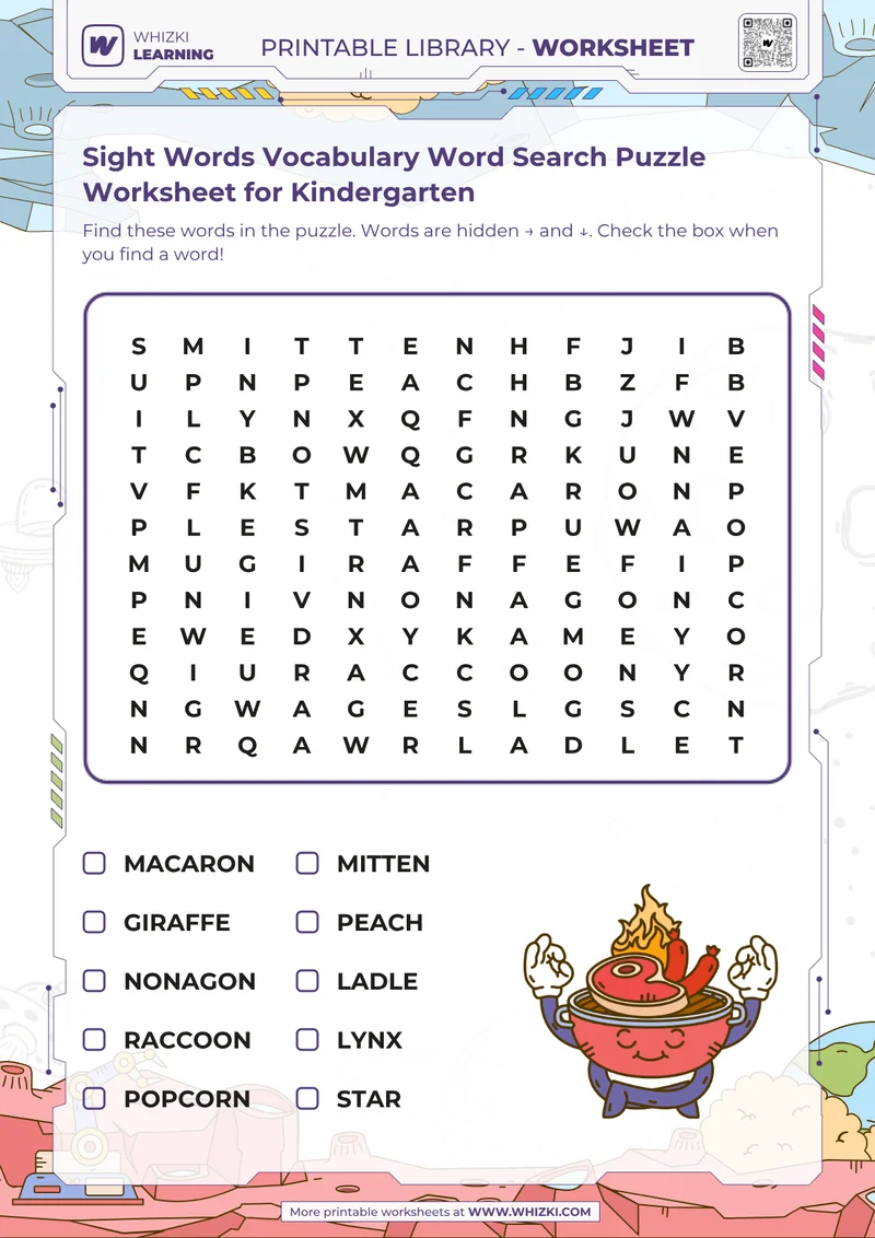 Sight Words Vocabulary Word Search Puzzle Worksheet for Kindergarten