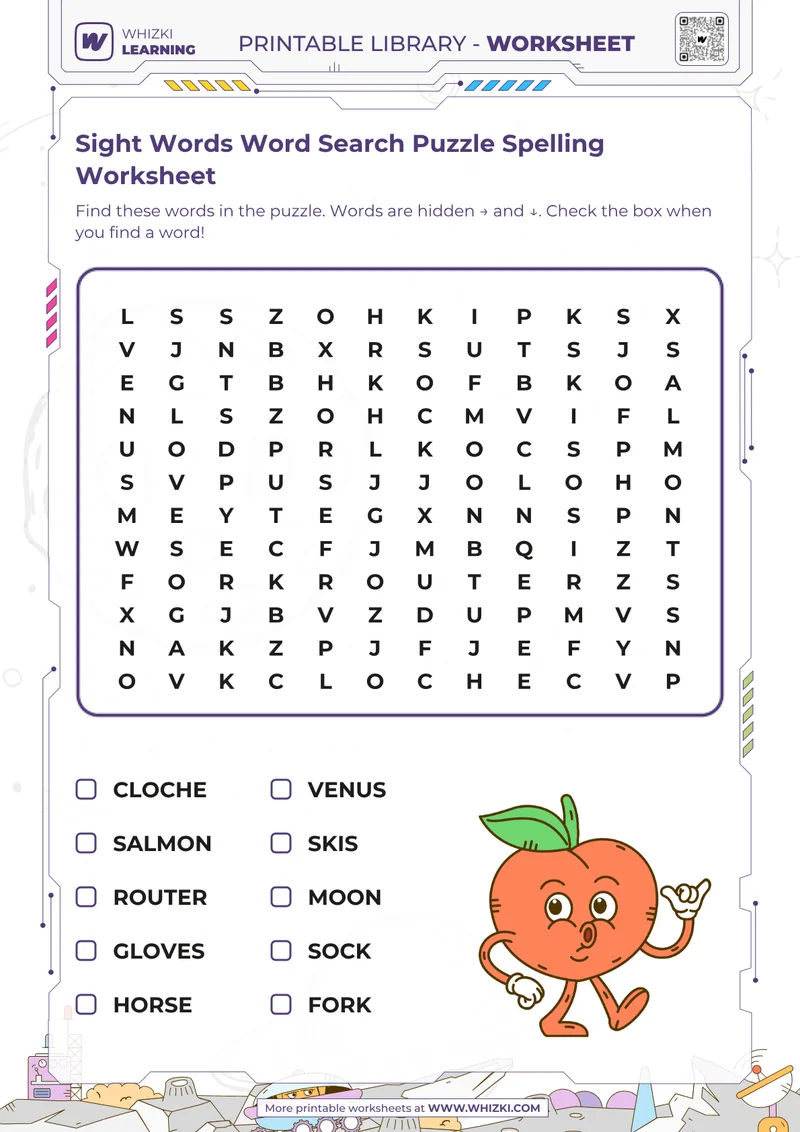 Sight Words Word Search Puzzle Spelling Worksheet