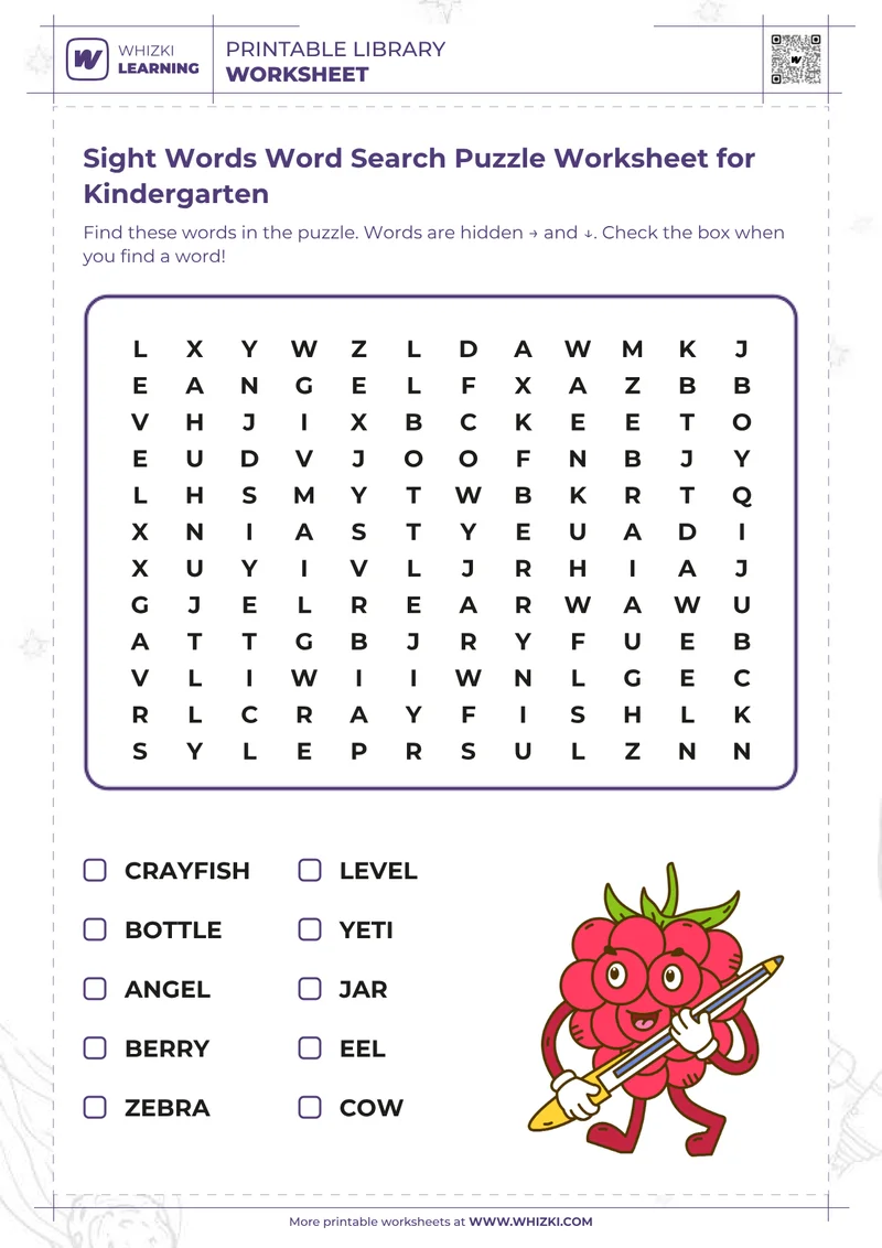 Sight Words Word Search Puzzle Worksheet for Kindergarten