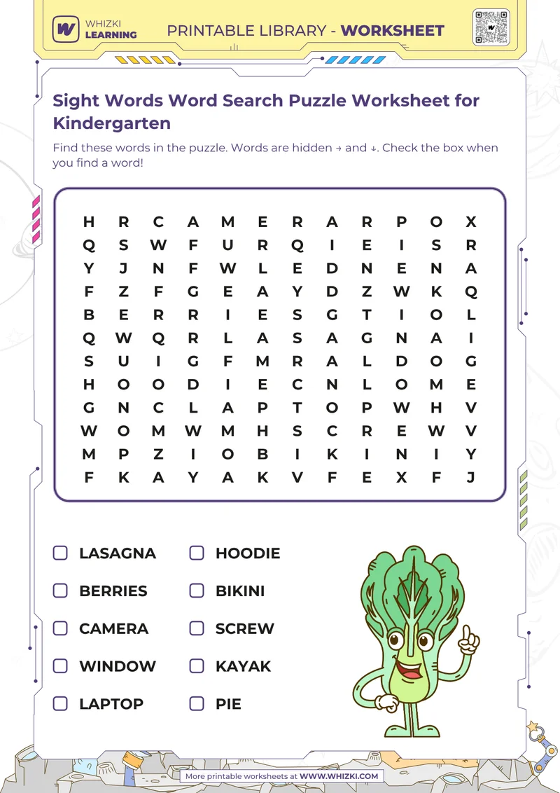 Sight Words Word Search Puzzle Worksheet for Kindergarten