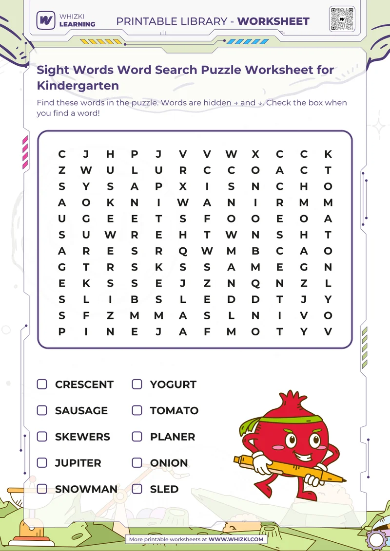 Sight Words Word Search Puzzle Worksheet for Kindergarten
