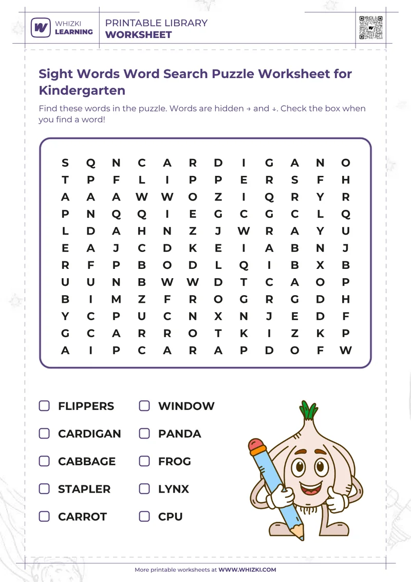 Sight Words Word Search Puzzle Worksheet for Kindergarten