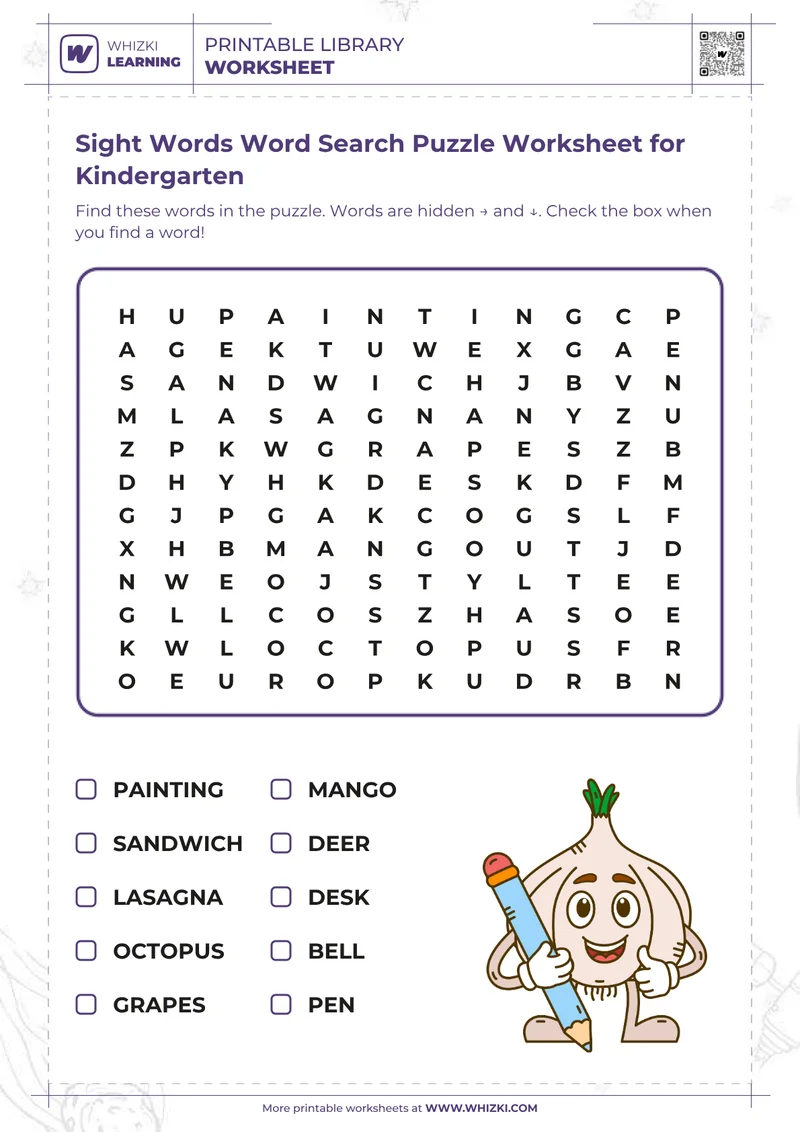 Sight Words Word Search Puzzle Worksheet for Kindergarten