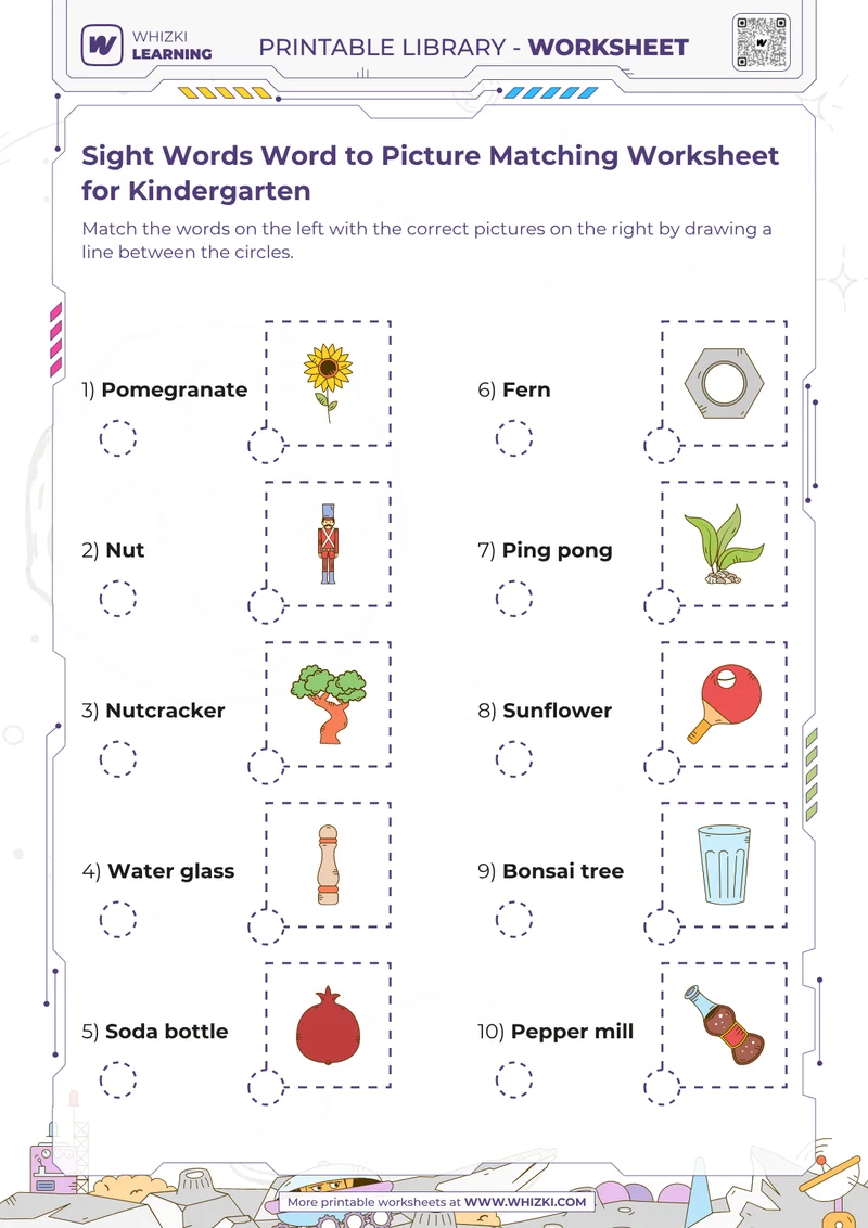 Sight Words Word to Picture Matching Worksheet for Kindergarten