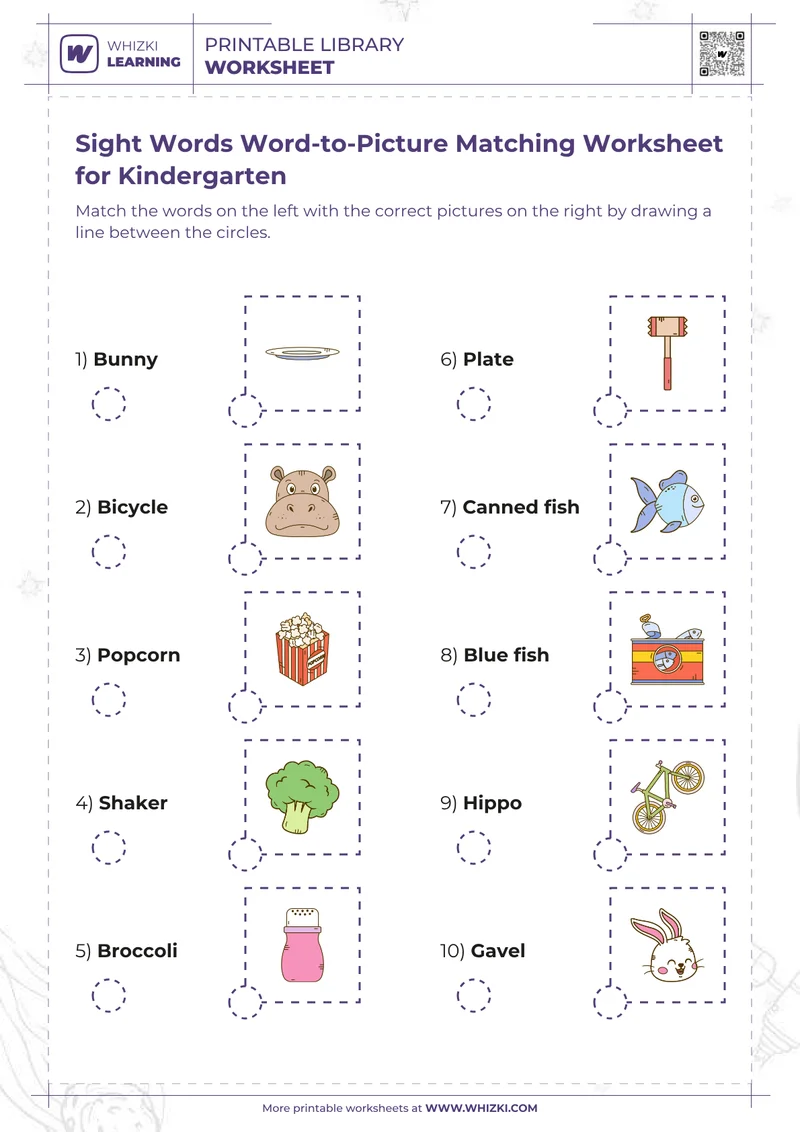 Sight Words Word-to-Picture Matching Worksheet for Kindergarten