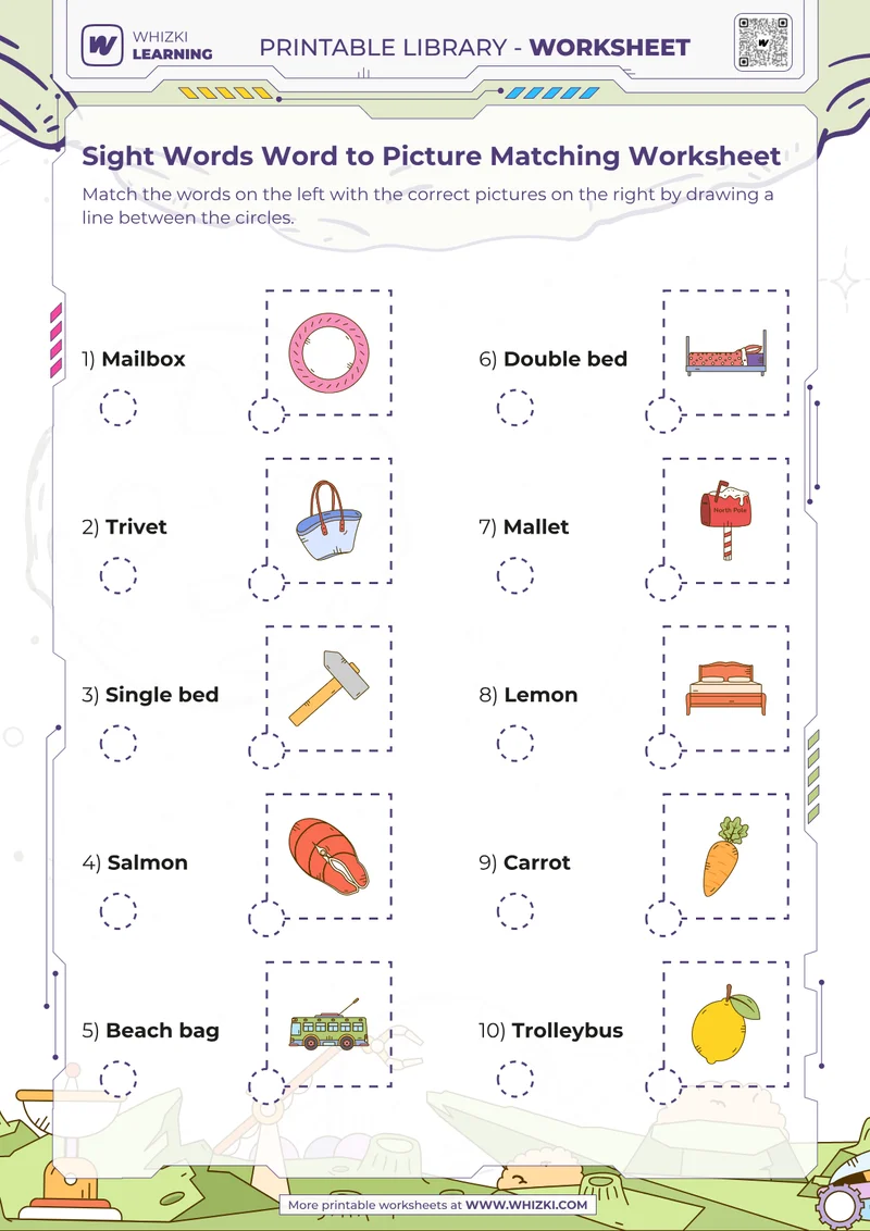 Sight Words Word to Picture Matching Worksheet