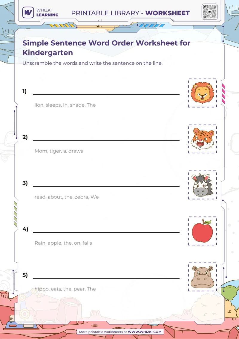 Simple Sentence Word Order Worksheet for Kindergarten