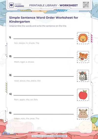 Simple Sentence Word Order Worksheet for Kindergarten