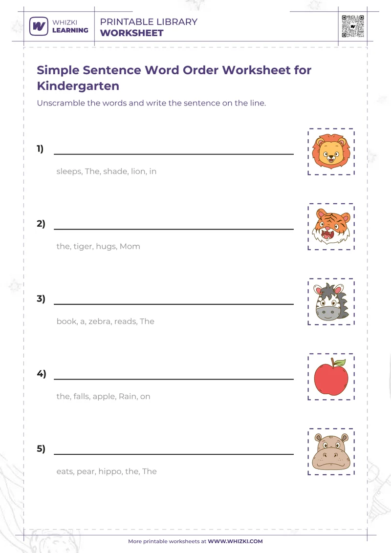 Simple Sentence Word Order Worksheet for Kindergarten