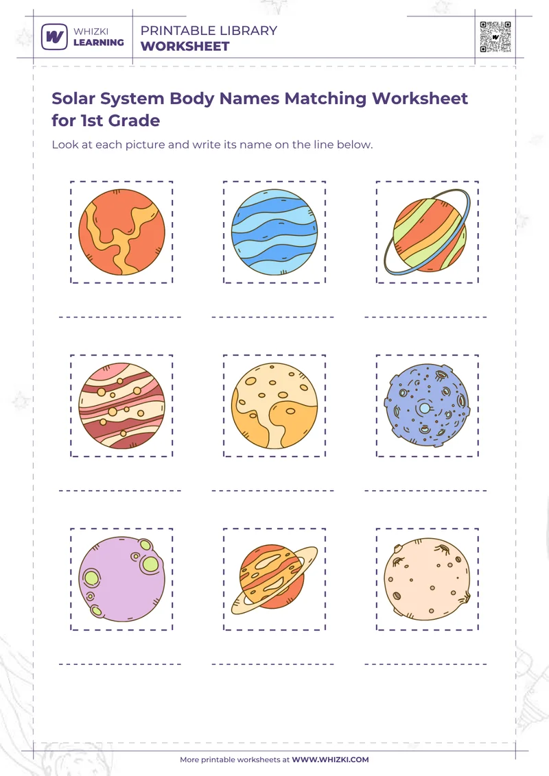 Solar System Body Names Matching Worksheet for 1st Grade
