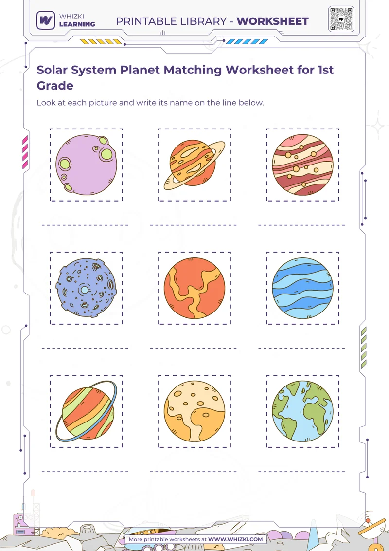 Solar System Planet Matching Worksheet for 1st Grade